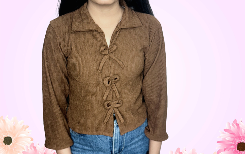 Brown Cuffed Sleeves Tie-Ups Detail Shirt Style Top - Image 4