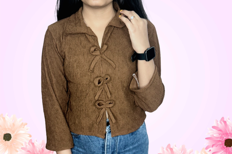 Brown Cuffed Sleeves Tie-Ups Detail Shirt Style Top - Image 3