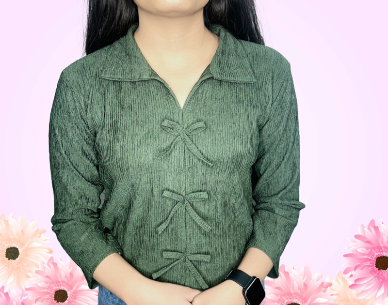 Green Cuffed Sleeves Tie-Ups Detail Shirt Style Top