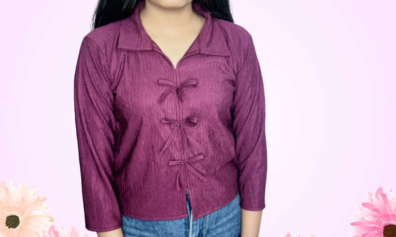 Purple Cuffed Sleeves Tie-Ups Detail Shirt Style Top - Image 4