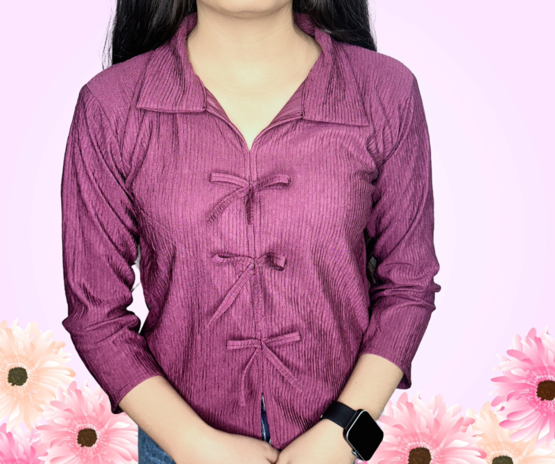 Purple Cuffed Sleeves Tie-Ups Detail Shirt Style Top