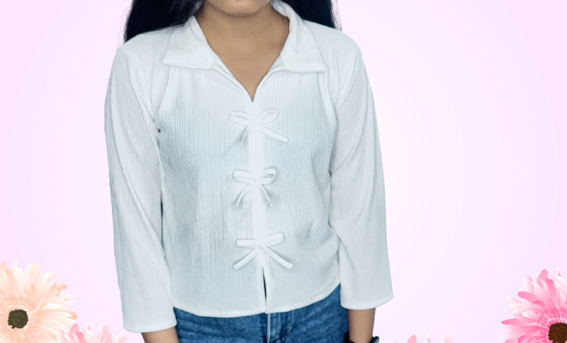 White Cuffed Sleeves Tie-Ups Detail Shirt Style Top - Image 3