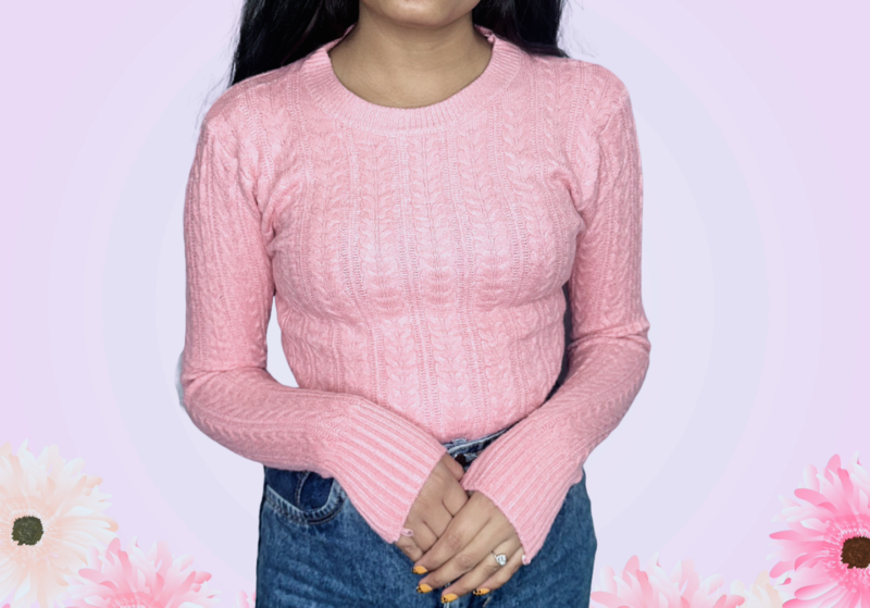 Pink Viscose Blend Round Neck Sweater