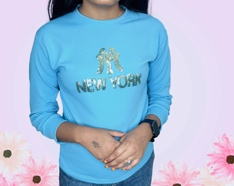 Blue Embroidered Round Neck Sweatshirt